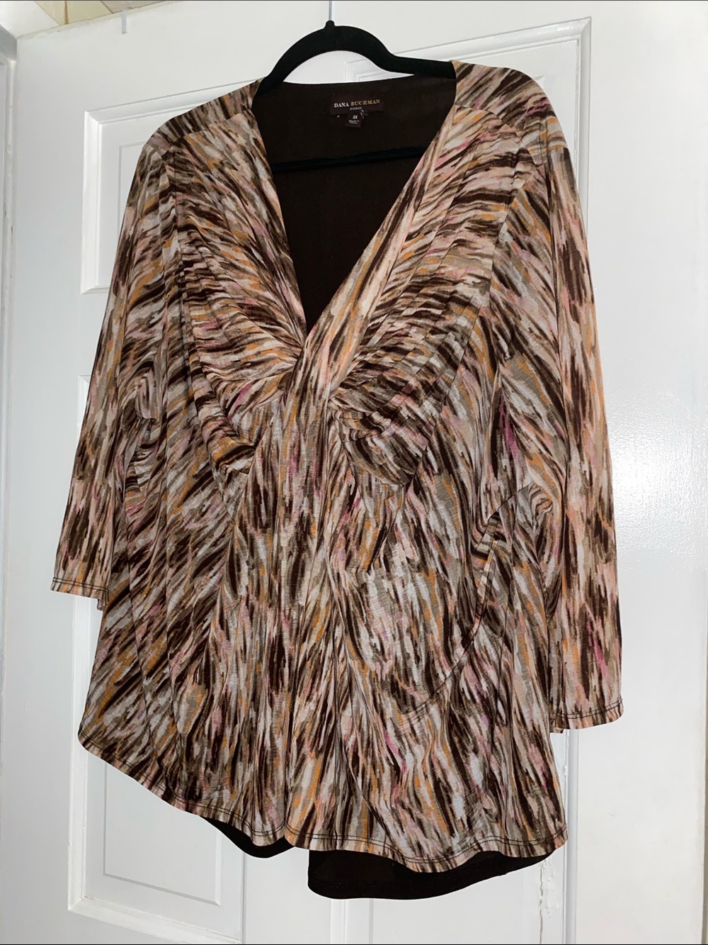Dana Buchman Multicolor V-Neck Ruched Tunic — Brown, Tan, Cream